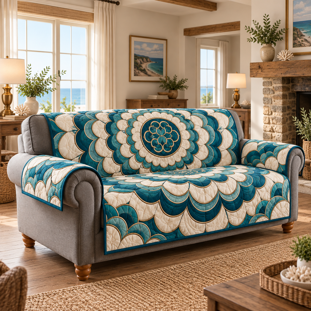Teal Pearl Scalloped Medallion Sofa Cover. Flat printed scallop rings and arabesque medallions, exposed gray sofa sides.