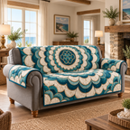 Teal Pearl Scalloped Medallion Sofa Cover. Flat printed scallop rings and arabesque medallions, exposed gray sofa sides.