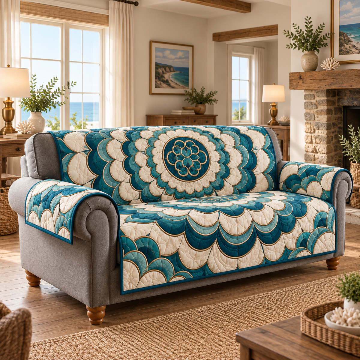 Teal Pearl Scalloped Medallion Sofa Cover. Flat printed scallop rings and arabesque medallions, exposed gray sofa sides.