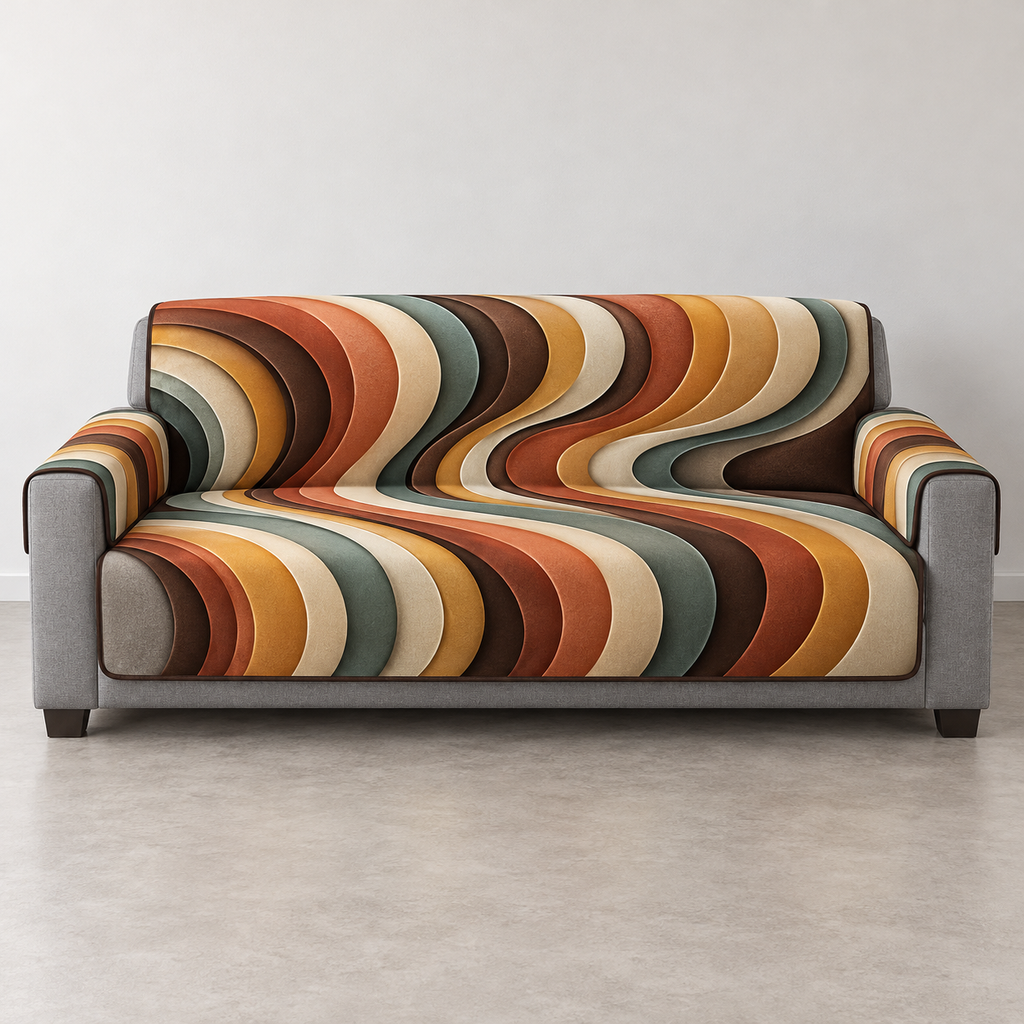 One thin continuous sofa cover with layered retro S-wave bands; gray outer arms/base exposed