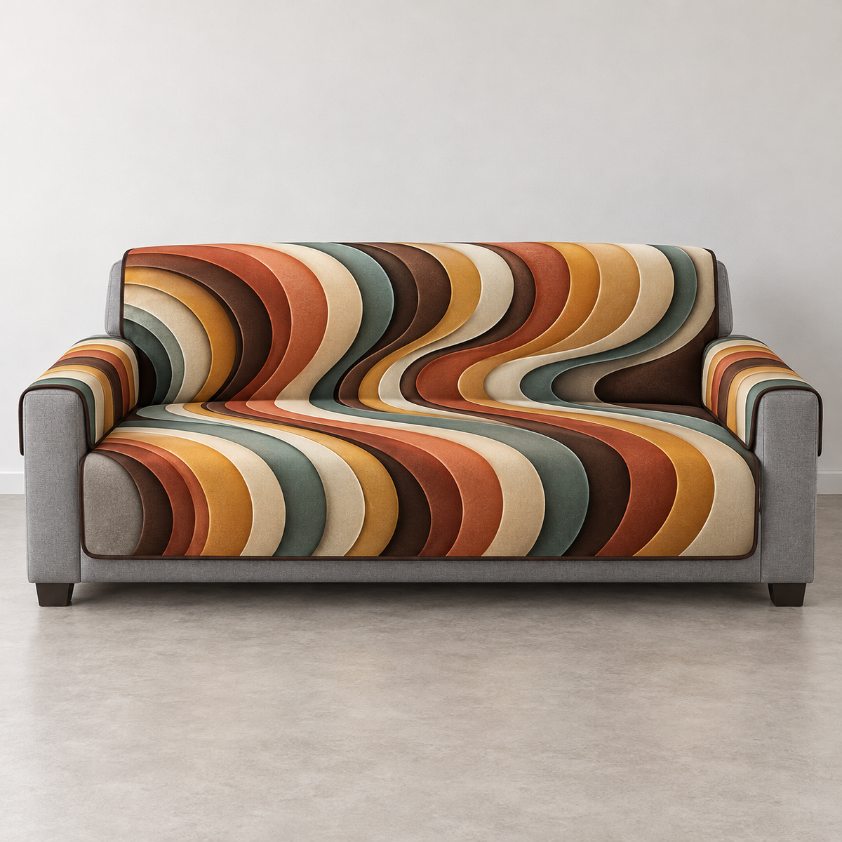 One thin continuous sofa cover with layered retro S-wave bands; gray outer arms/base exposed