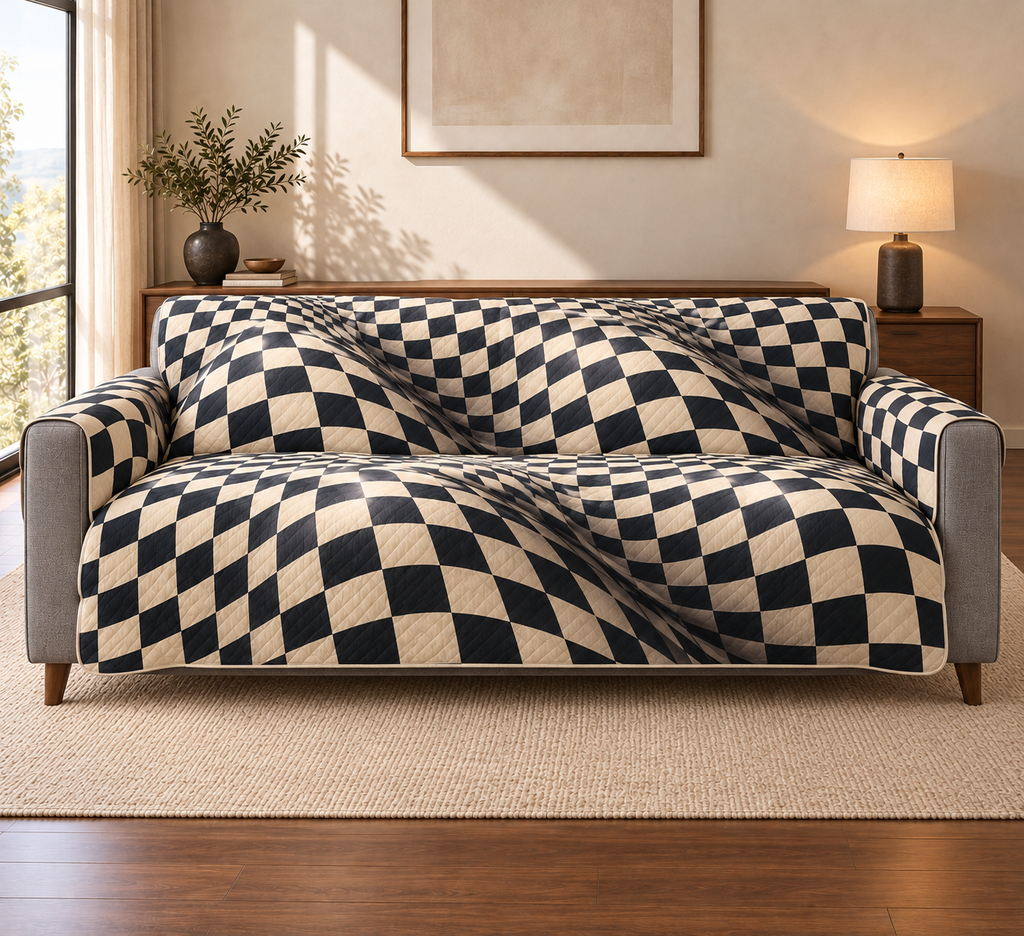 Rolling Wavy Checkerboard Sofa Cover with flat printed connected ivory charcoal checker waves.