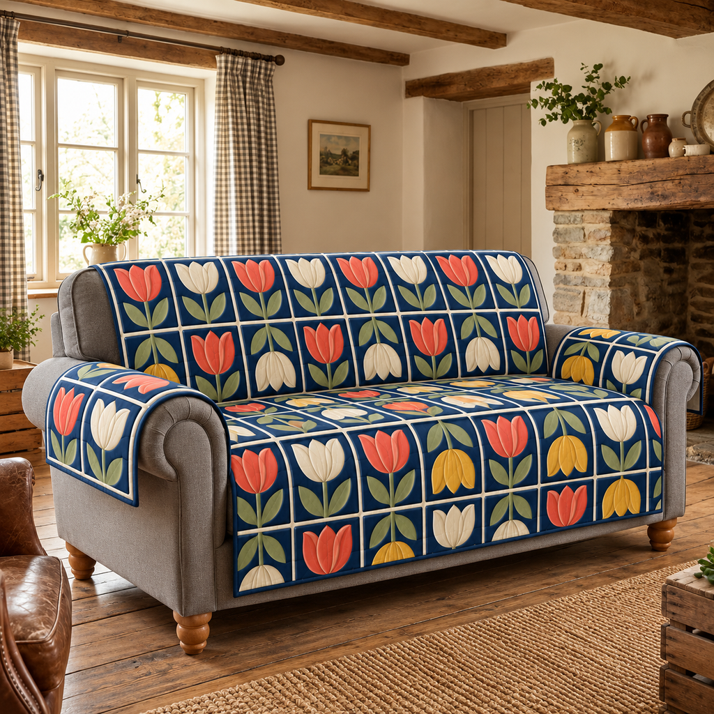 Retro Tulip Tile Grid Sofa Cover. Flat printed upright-inverted tulips on a navy cream grid.