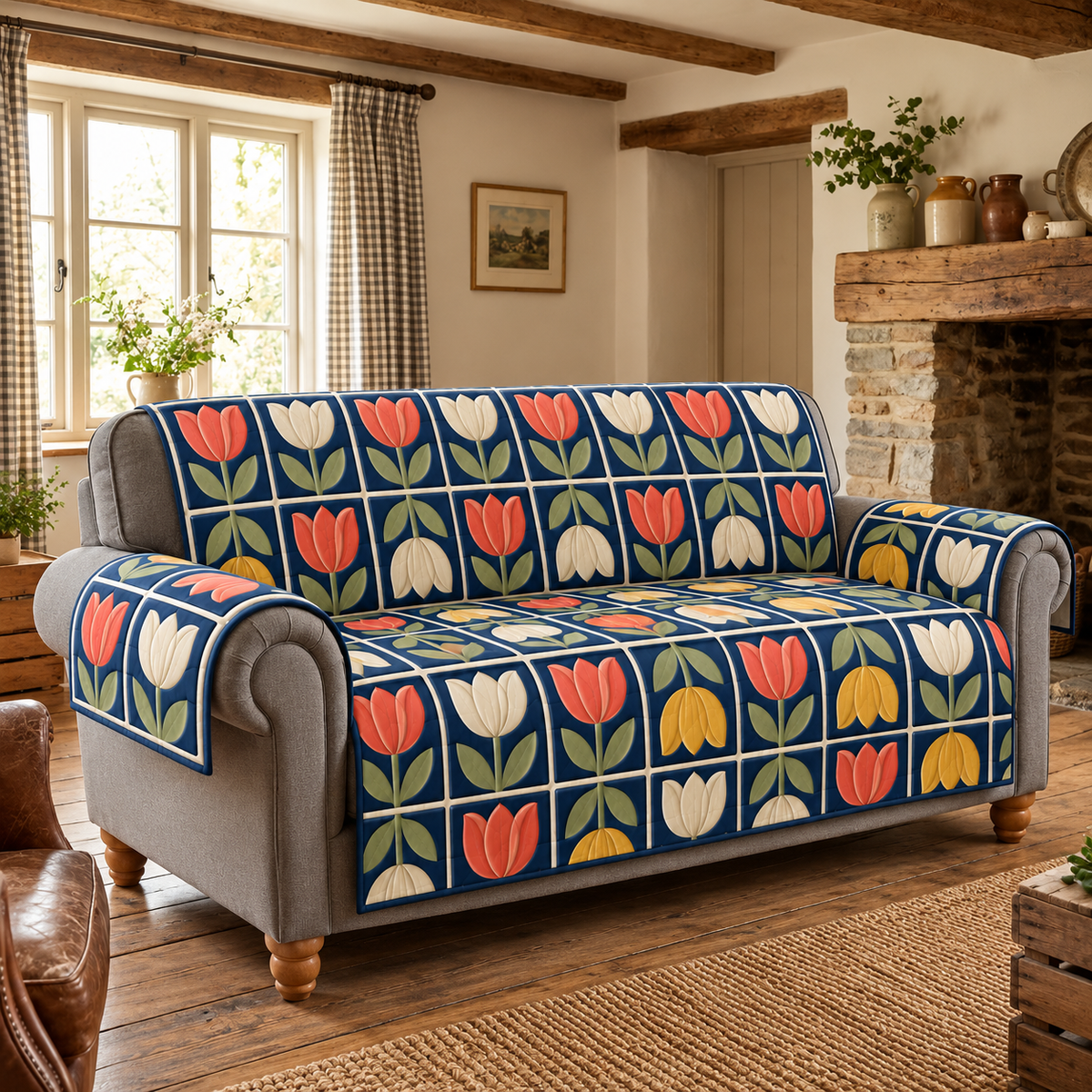 Retro Tulip Tile Grid Sofa Cover. Flat printed upright-inverted tulips on a navy cream grid.
