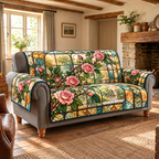Rose Cane Glass Effect Sofa Cover. Flat printed pink rose canes and amber-teal glass-effect panels.