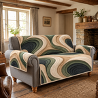 Layered Organic Pebble Contours Sofa Cover with flat printed nested rounded islands in ivory, sand, sage and charcoal.