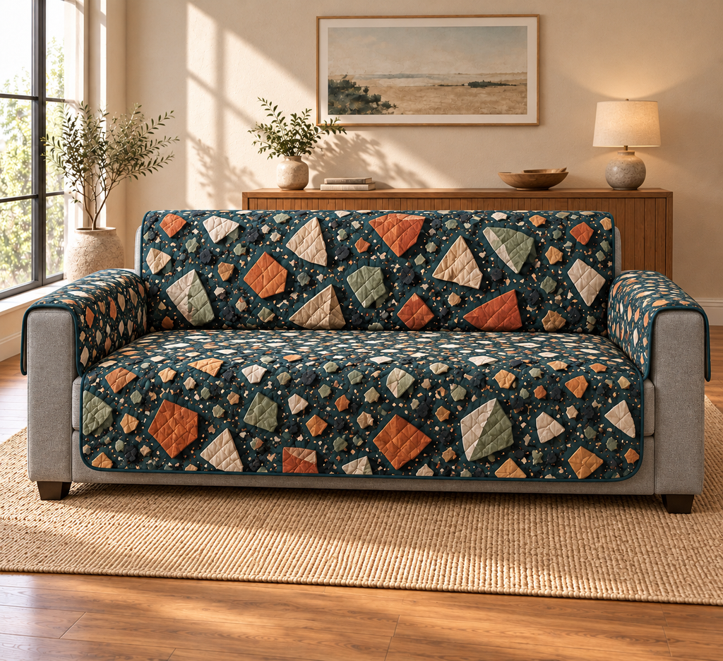 Layered Terrazzo Confetti Sofa Cover with angular chip optical artwork on a draped quilted protector.
