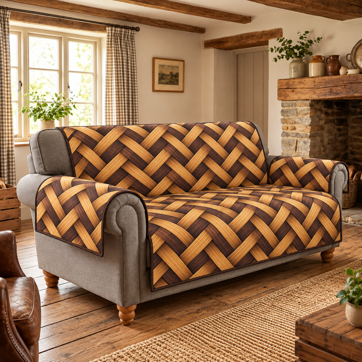 Honey Walnut Weave Illusion Sofa Cover. Flat printed honey and dark walnut-tone herringbone weave illusion.