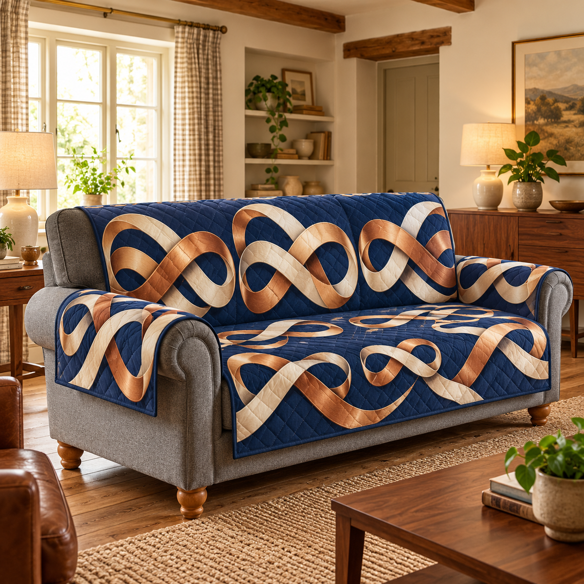 Interlaced Ribbon Loop Geometry Sofa Cover with flat printed copper and ivory figure-eight motifs over navy.