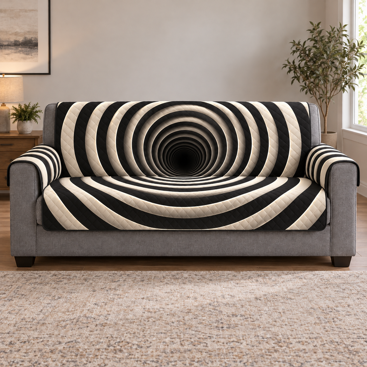 Full gray sofa with thin black and ivory concentric circle cover, deep flat printed tunnel illusion and exposed gray arm fronts/base