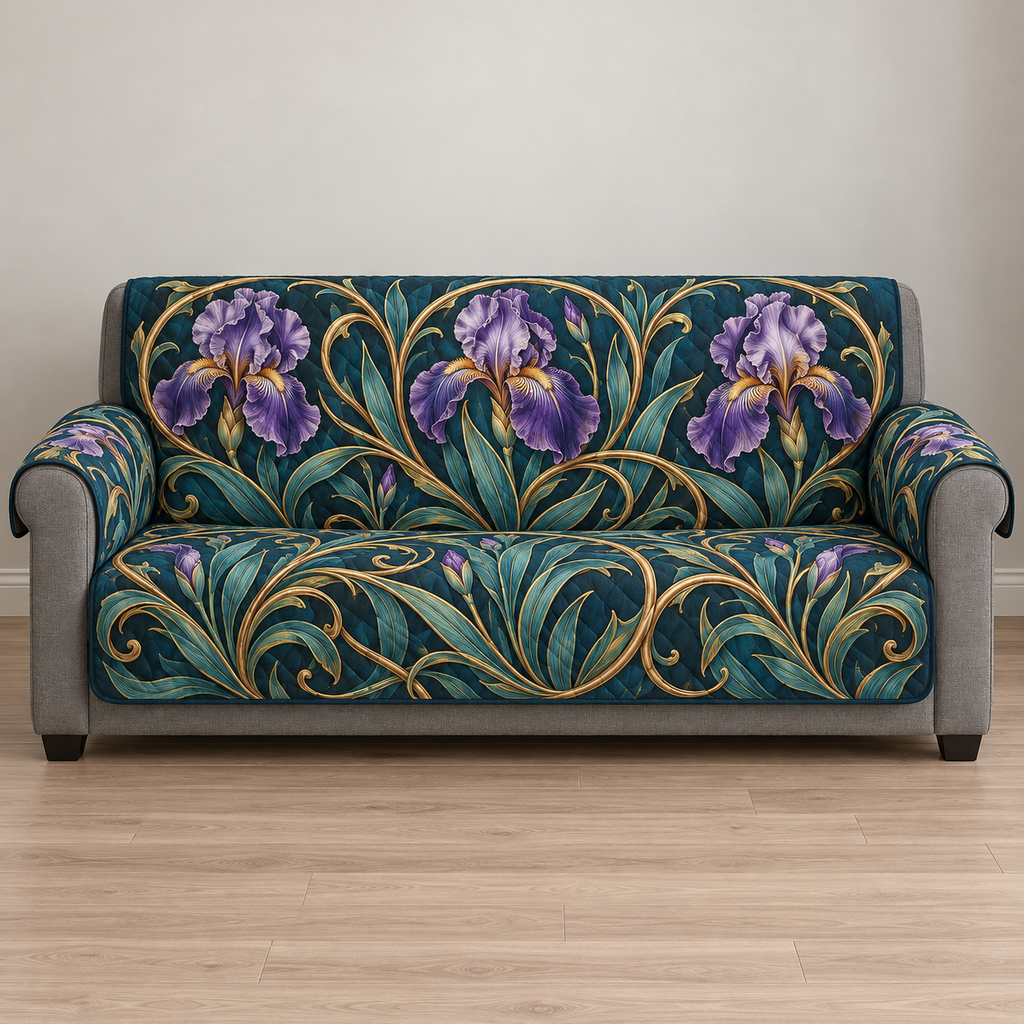 Full gray sofa with thin continuous teal cover, violet irises and gold-toned looping vines, exposed gray arm fronts/base and flat printed depth