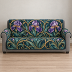 Full gray sofa with thin continuous teal cover, violet irises and gold-toned looping vines, exposed gray arm fronts/base and flat printed depth