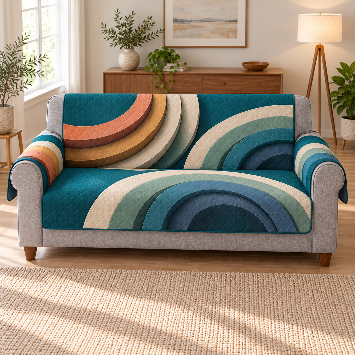 Whole gray sofa with thin short-drop cover and two arm flaps, interleaved multicolor arc bands, flat printed optical depth
