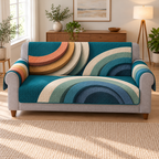 Whole gray sofa with thin short-drop cover and two arm flaps, interleaved multicolor arc bands, flat printed optical depth