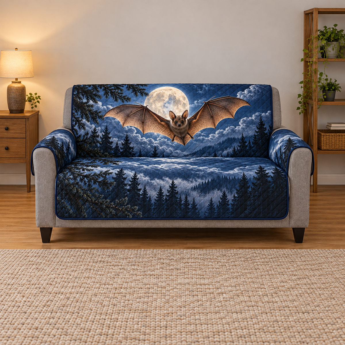 One thin sofa cover with one brown bat gliding across pale full moon above layered night pine forest, flat printed depth