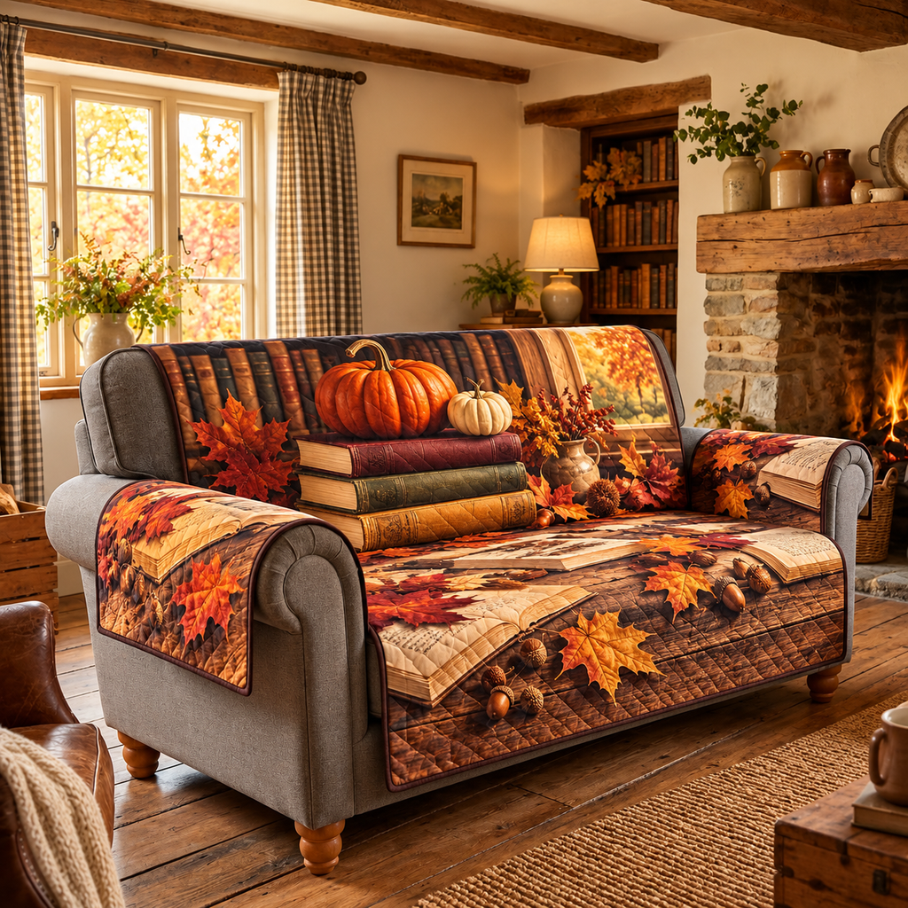 Pumpkin Book Stack Autumn Sofa Cover with flat printed pumpkins on three closed books, autumn leaves and reading-room depth.