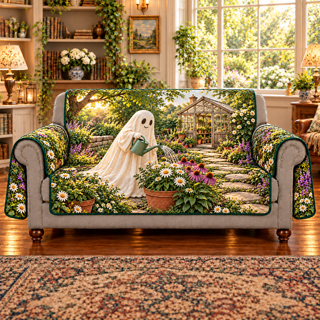 Friendly ivory ghost watering daisies and coneflowers with a green can, sunlit stone path and wooden greenhouse, flat printed on sofa cover.