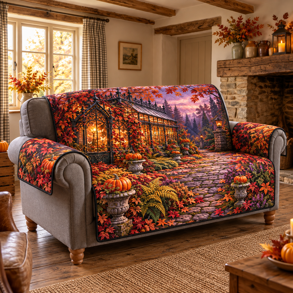 Amber Haunted Greenhouse Sofa Cover. Flat printed amber glasshouse, autumn vines and cobbled garden path.