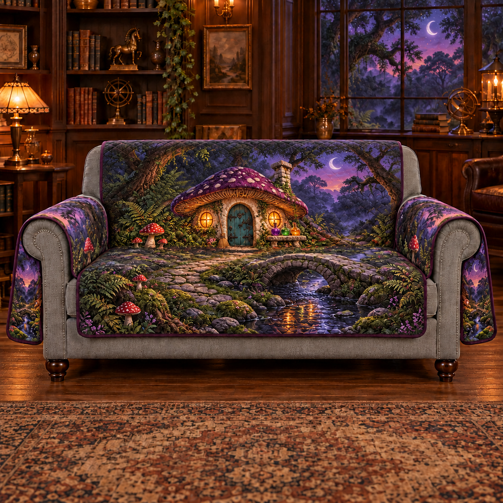 Mushroom witch cottage and woodland stream, flat printed on a protective sofa cover with complete outside arm flaps.