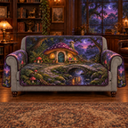 Mushroom witch cottage and woodland stream, flat printed on a protective sofa cover with complete outside arm flaps.