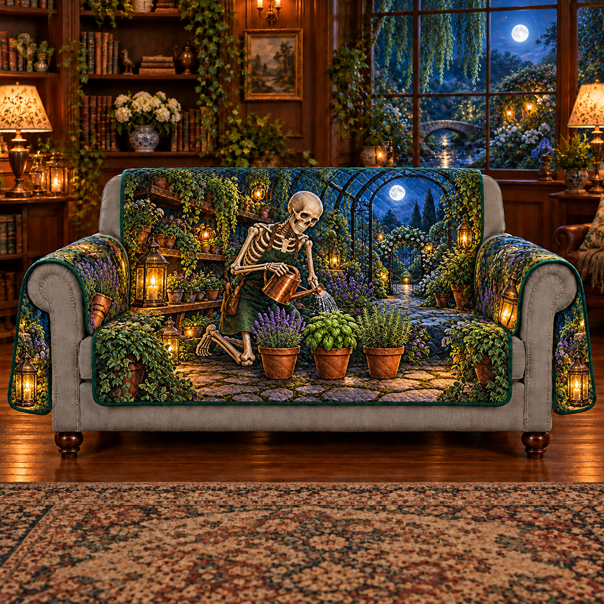 Apron-wearing skeleton watering herbs in a moonlit greenhouse, flat printed on a sofa protector with two outside arm flaps and exposed gray arm fronts/base.