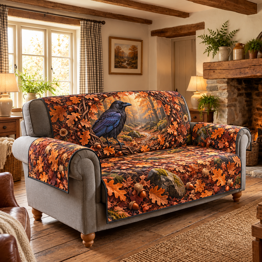 Raven Autumn Oak Wreath Sofa Cover with flat printed raven, copper oak foliage and misty forest path.