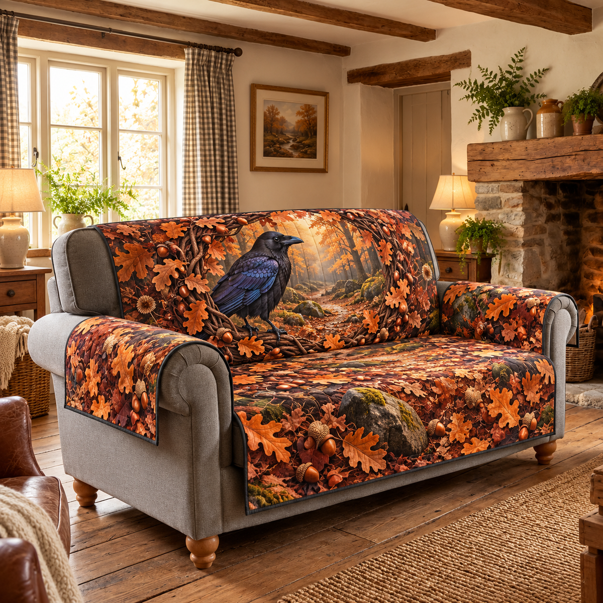 Raven Autumn Oak Wreath Sofa Cover with flat printed raven, copper oak foliage and misty forest path.