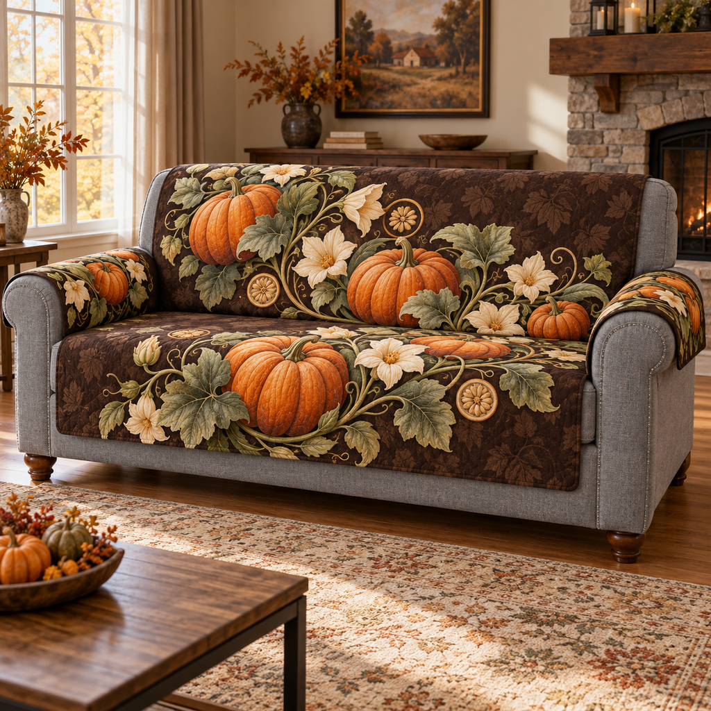 Large orange pumpkins, ivory blossoms, curling sage leaves and gold seed-like round medallions follow a sweeping vine over an espresso-brown ground. Detailed ribs, overlapping botanical layers and consistent shaded edges create a three-dimensional optical effect within flat printed artwork. No actual pumpkins, flowers, medallions, embroidery or raised pieces are attached. Room furnishings and styling are not included.