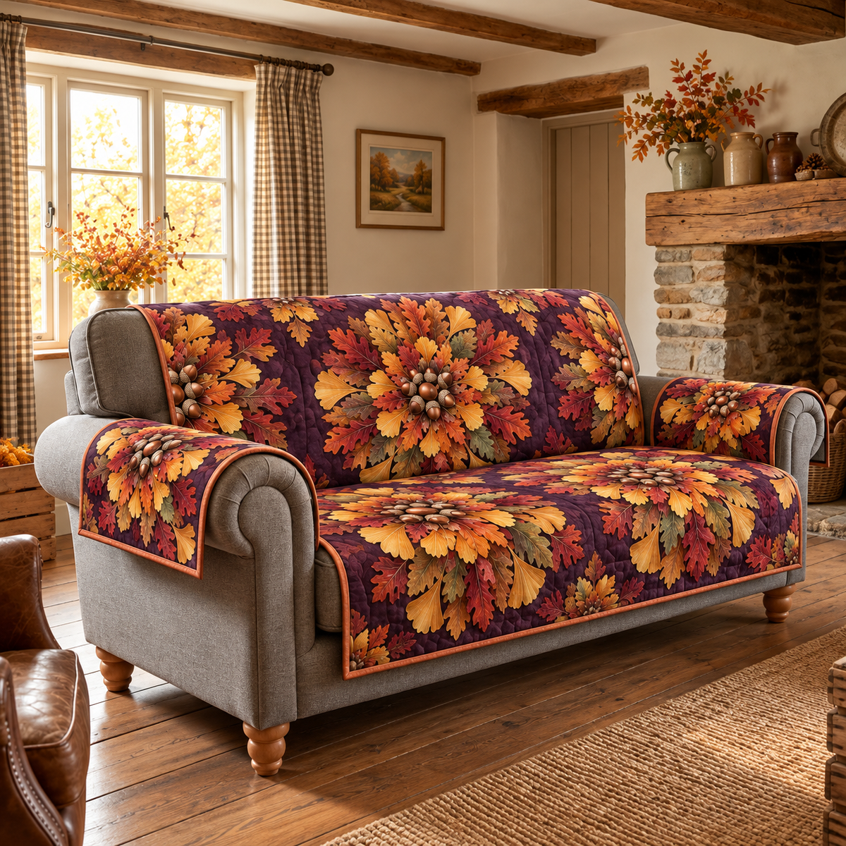 Autumn Leaf Acorn Mandala Sofa Cover. Flat printed optical depth; room styling not included.