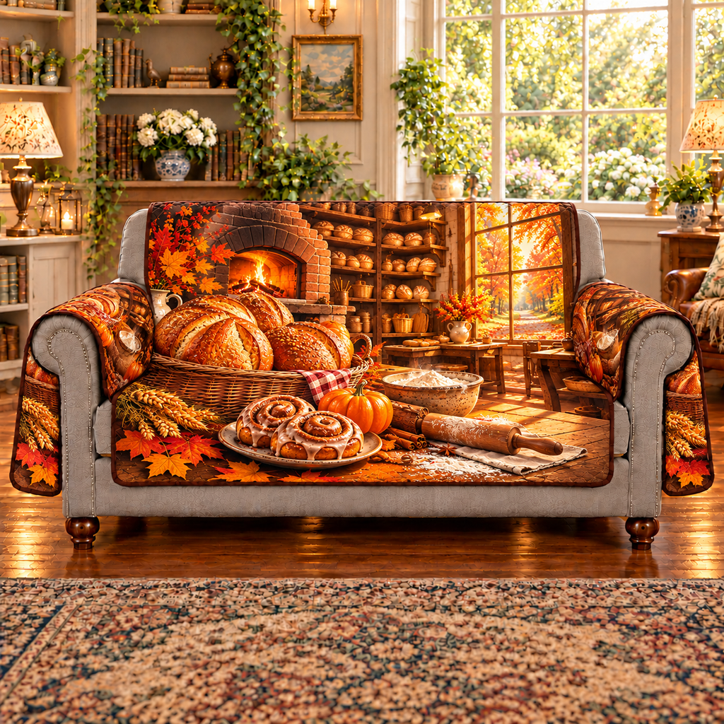 Golden scored loaves fill a wicker bread basket beside cinnamon rolls, a small orange pumpkin, flour bowl and rolling pin. A glowing brick oven, bread shelves and sunlit autumn window recede into a cozy bakery. Flat printed on sofa cover.