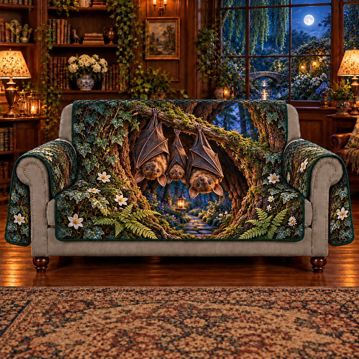 Two adult brown bats and a smaller pup resting upside down in a deep mossy tree hollow, flat printed on a sofa protector with two outside arm flaps and exposed gray front arms/base.