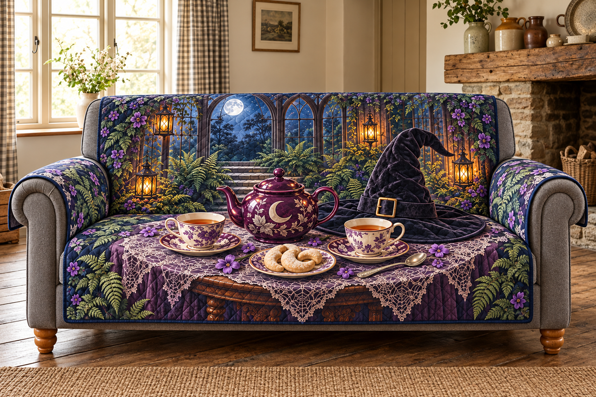 Midnight Witch Hat Tea Party Sofa Cover with flat printed plum teapot, ivory cups and black witch hat before a layered moonlit conservatory.