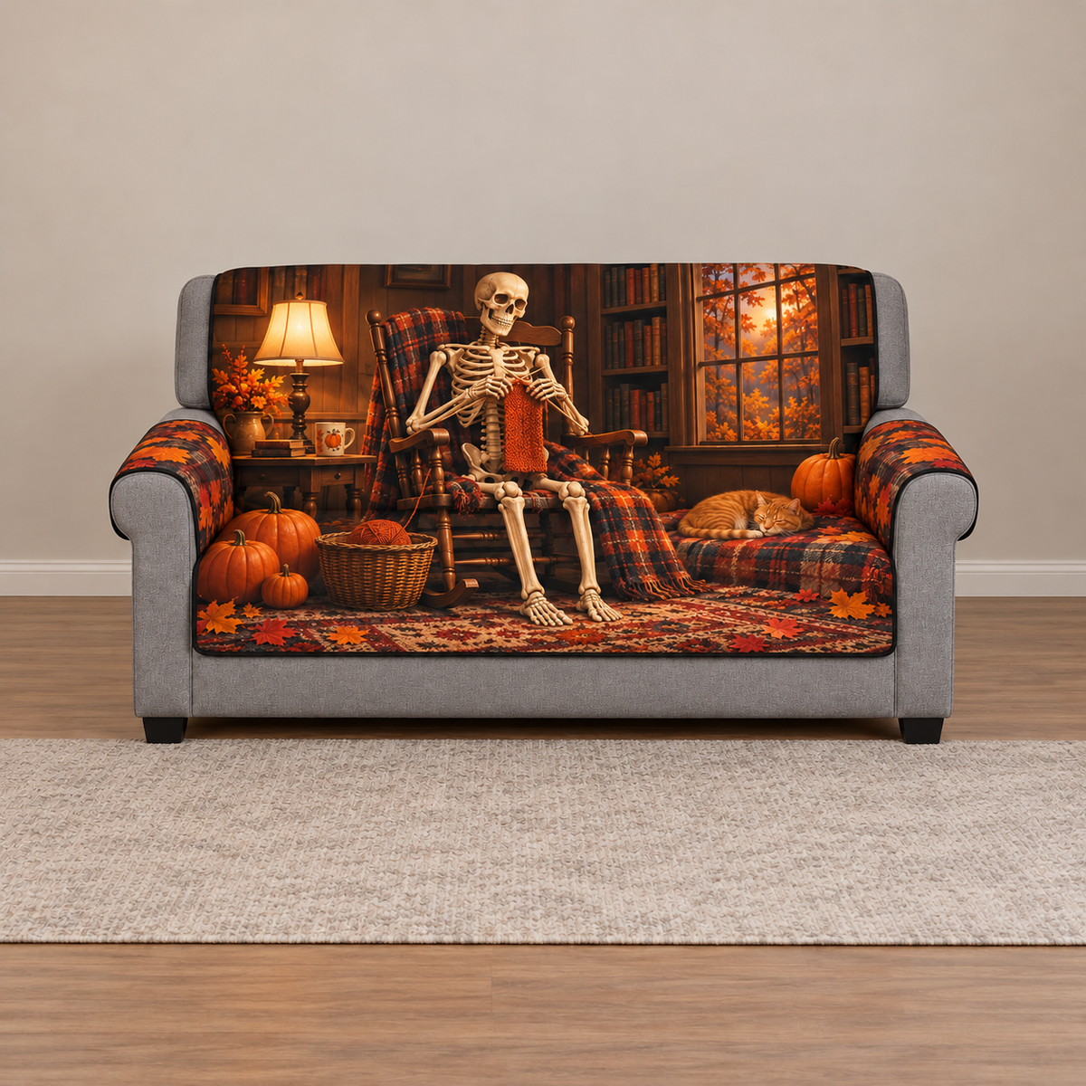 Full gray sofa with thin cover showing skeleton knitting orange scarf beside sleeping orange cat in autumn study, flat printed depth