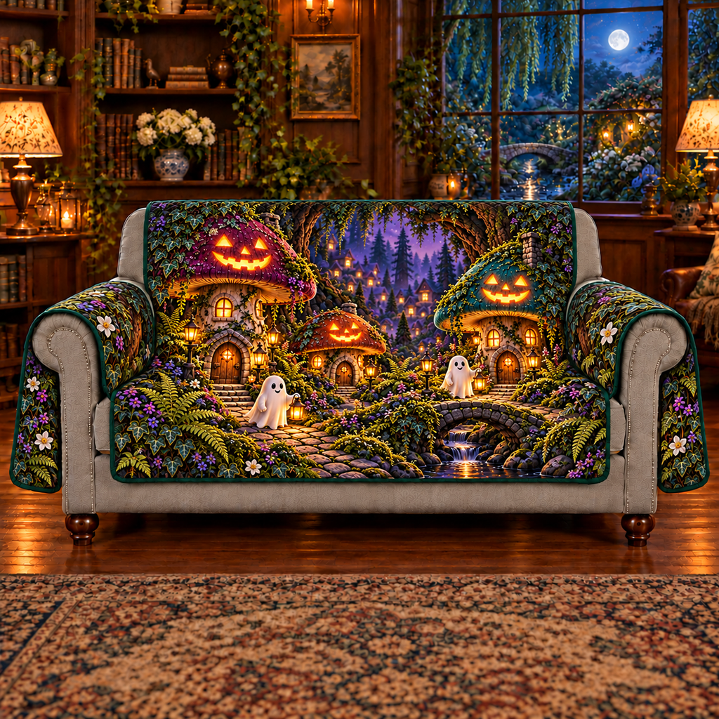 Three jack-o-lantern-faced mushroom homes and two friendly ghost villagers in a deep dusk forest village, flat printed on a sofa protector with two outside arm flaps and exposed gray front arms/base.
