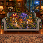 Three jack-o-lantern-faced mushroom homes and two friendly ghost villagers in a deep dusk forest village, flat printed on a sofa protector with two outside arm flaps and exposed gray front arms/base.