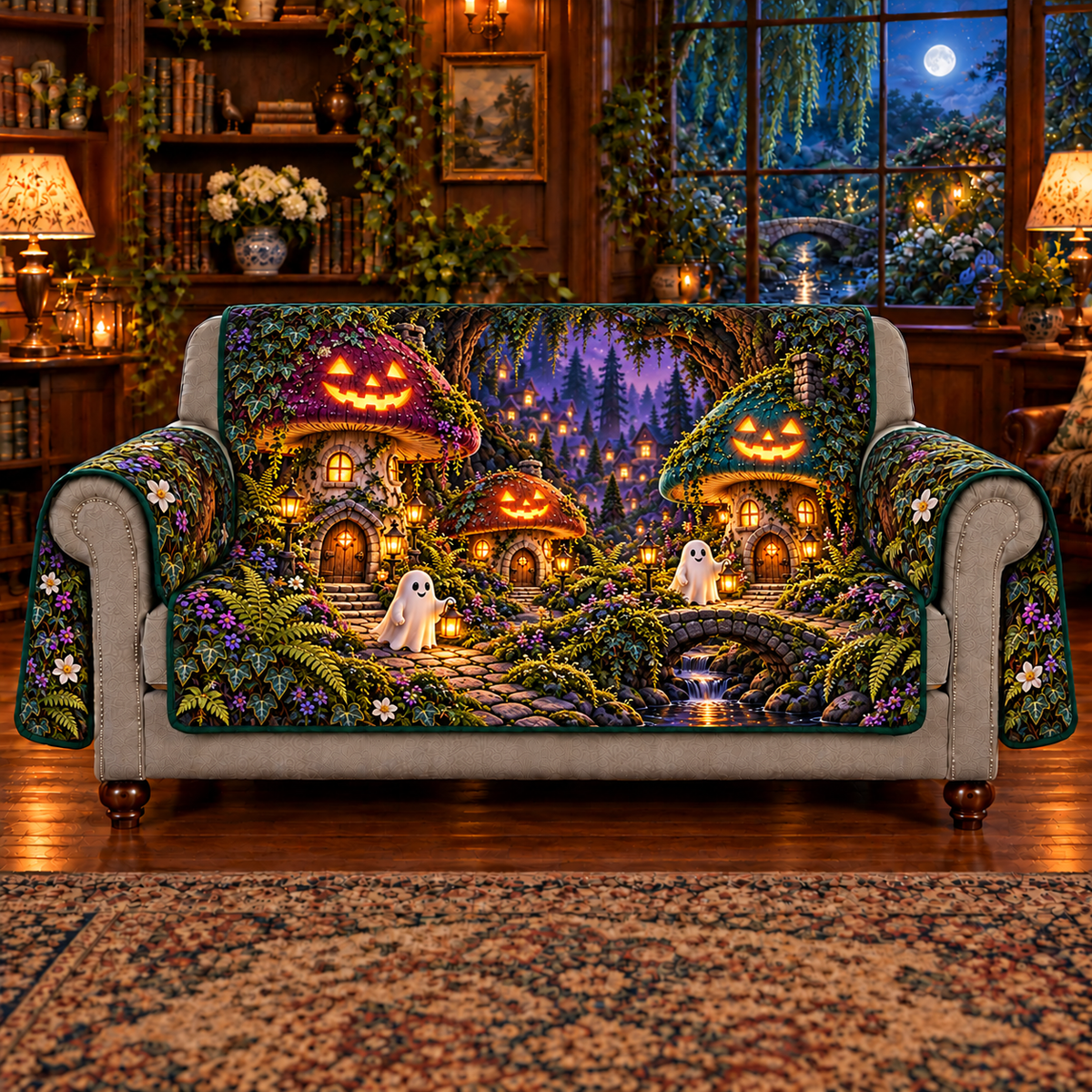 Three jack-o-lantern-faced mushroom homes and two friendly ghost villagers in a deep dusk forest village, flat printed on a sofa protector with two outside arm flaps and exposed gray front arms/base.