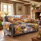 Fox Leap Autumn Meadow Sofa Cover with flat printed red fox leaping over a flower-lined brook.