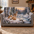 A red fox rests beside a spotted fawn and a white hare along a winding blue winter brook. Snowy silver birches, dark fir trees, berry branches and distant mountains recede toward an amber sky. Fine fur, bark, snow and overlapping forest layers create strong optical depth entirely within flat printed artwork. No real animals, snow, water, trees or raised scenic pieces are included. Room styling is not included.