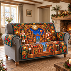 Nutcracker Clockwork Toyshop Sofa Cover. Flat printed clockwork toyshop scene on bound fabric.
