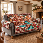 Gingerbread Watermill Village Sofa Cover. Flat printed optical depth on source-matched fabric construction.