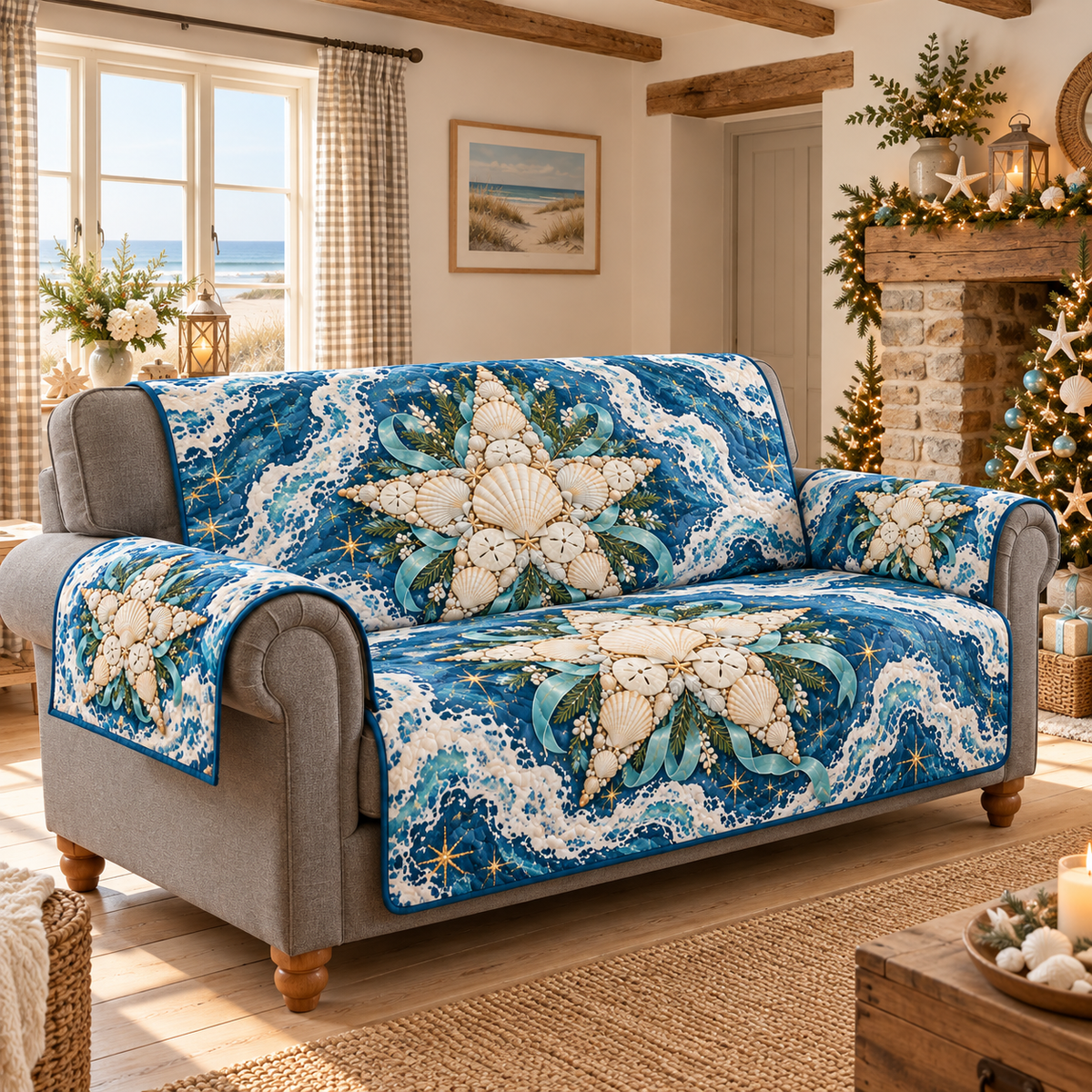 Coastal Shell Christmas Star Sofa Cover. Flat printed optical depth; room styling not included.