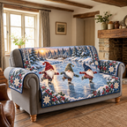 Nordic Gnome Skating Pond Sofa Cover. Flat printed three skating gnomes, icy woodland pond, distant bridge and folk-star border.