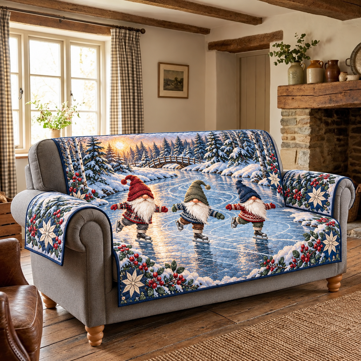 Nordic Gnome Skating Pond Sofa Cover. Flat printed three skating gnomes, icy woodland pond, distant bridge and folk-star border.