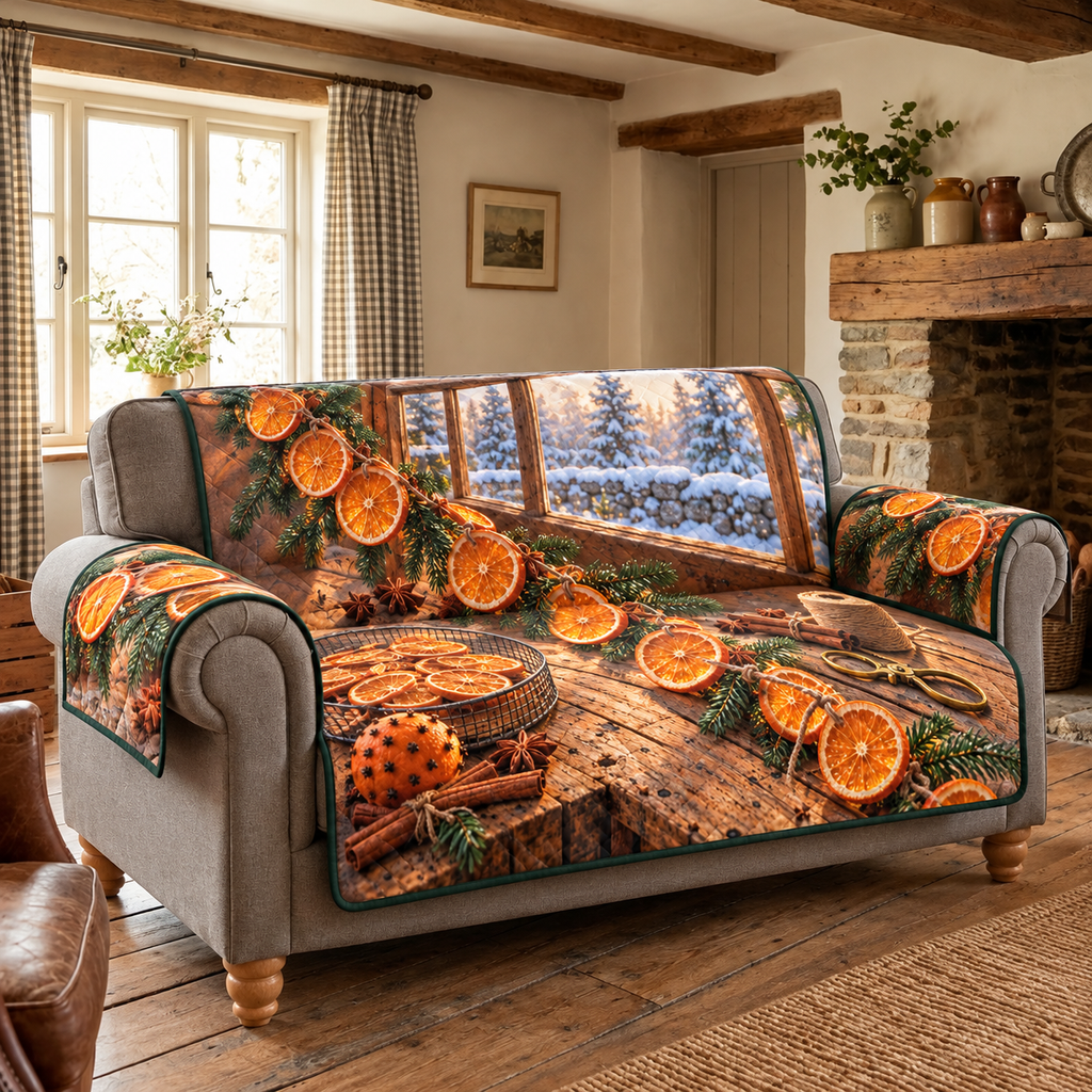 Orange Garland Winter Workbench Sofa Cover. Flat printed dried-orange garland, spices and winter-window workbench.