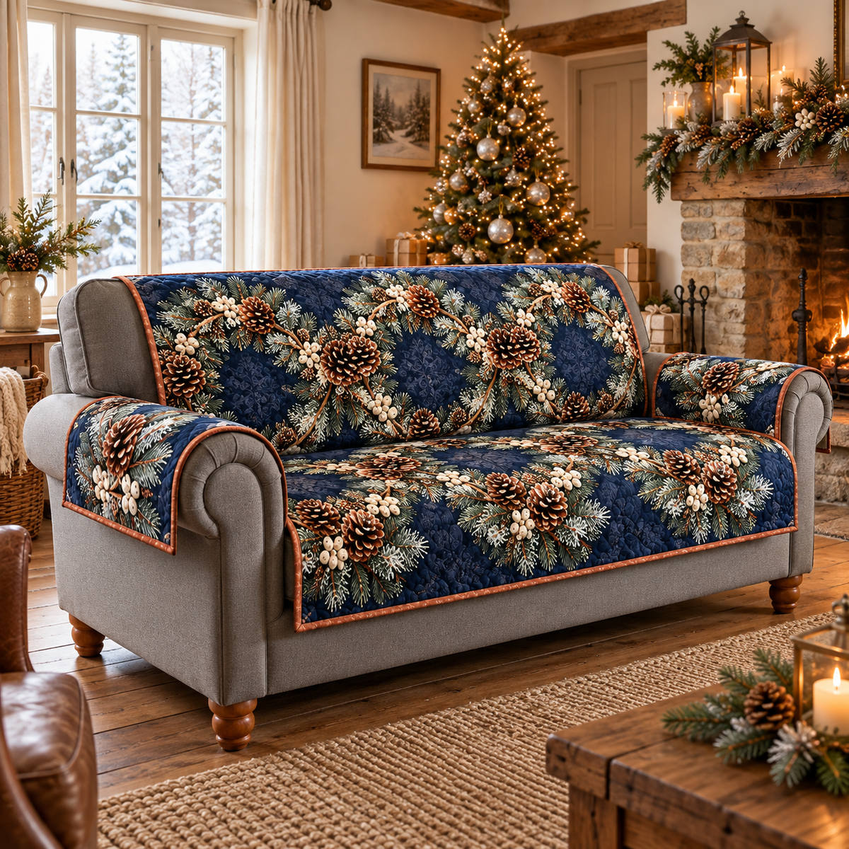 Pinecone Snowberry Oval Wreath Sofa Cover. One continuous quilted protector with arm flaps and exposed gray sofa base.