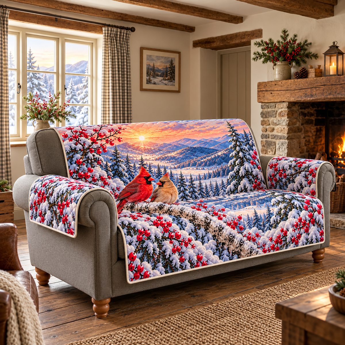 Cardinal Birch Sunrise Valley Sofa Cover. Source-matched fabric construction with flat printed scenic depth.