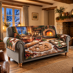 Copper Bowl Christmas Cookie Baking Sofa Cover. Flat printed copper bowl, cookie dough and festive bakehouse workbench.
