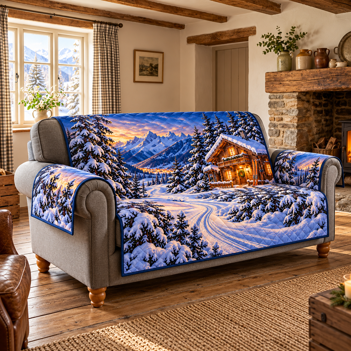 Alpine Ski Chalet Trail Sofa Cover. Flat printed snowy chalet and curving ski trail on bound fabric.
