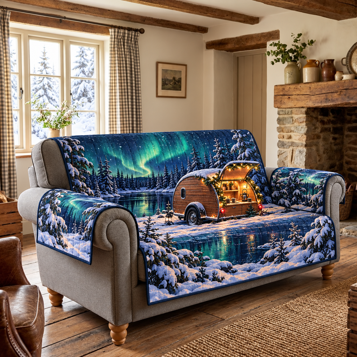 Aurora Teardrop Christmas Camper Sofa Cover. Flat printed teardrop camper and aurora panorama on one quilted sofa protector with arm flaps.