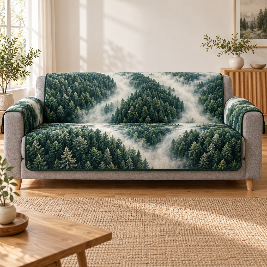 An elevated view of dense emerald evergreen treetops forms long forest islands separated by branching ivory mist channels. Sage needle tips, overlapping conifer crowns, dark forest-floor shadows and fading mist create layered optical depth within flat printed artwork. The restrained forest composition has no names, wording or separate scenic panels. No actual trees, moss, mist, carved parts or raised pieces are attached. Room furnishings and styling are not included.